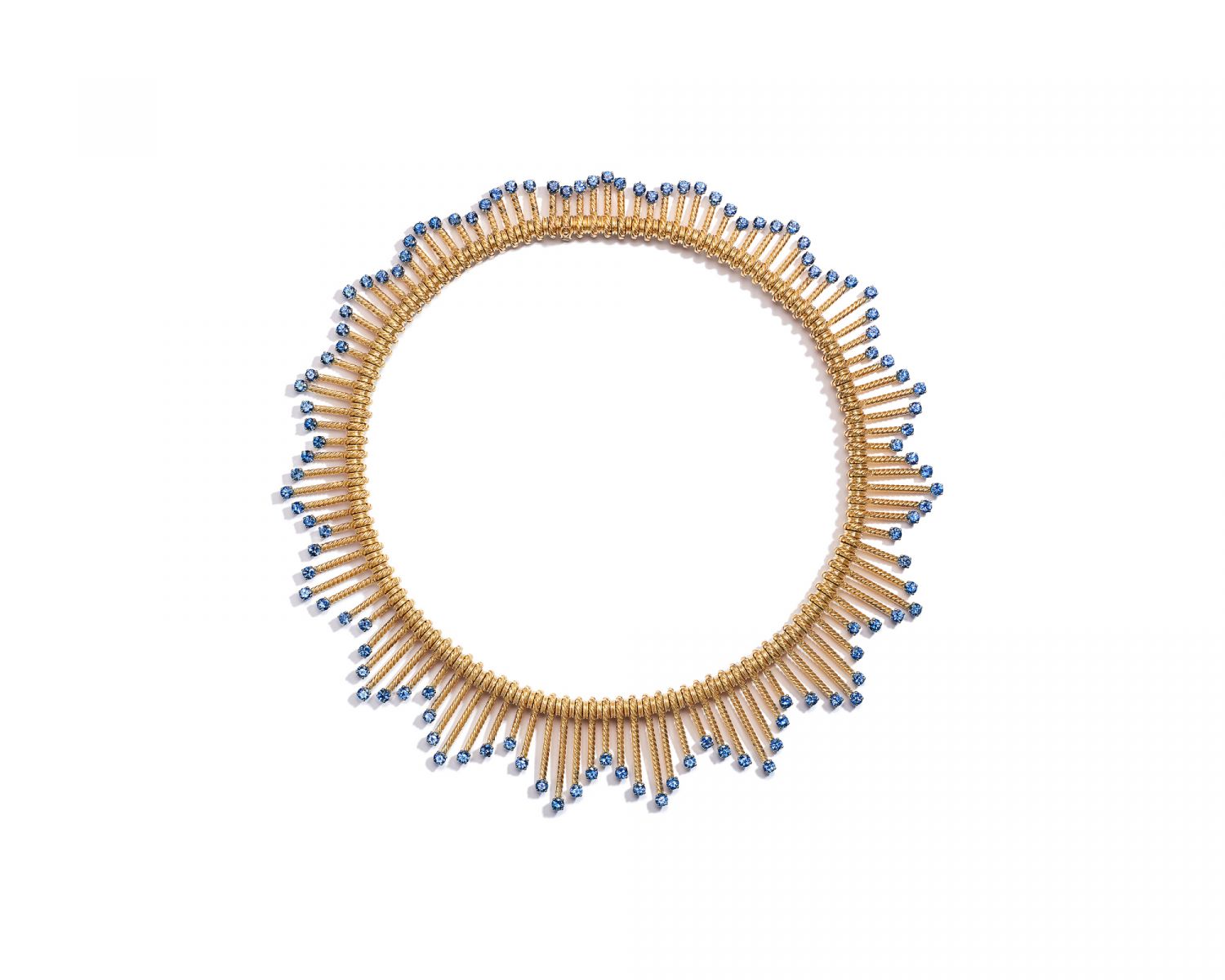 Tiffany & Co. Schlumberger Chevron Fringe necklace in 18k yellow gold and platinum with round Montana sapphires