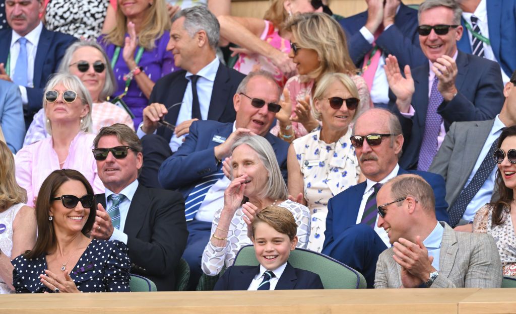LONDON, ENGLAND - JULY 10: Catherine, Duchess of Cambridge, Prince George of Cambridge and Prince William, Duke of Cambridge attend The Wimbledon Men's Singles Final at All England Lawn Tennis and Croquet Club on July 10, 2022 in London, England. (Photo by Karwai Tang/WireImage)