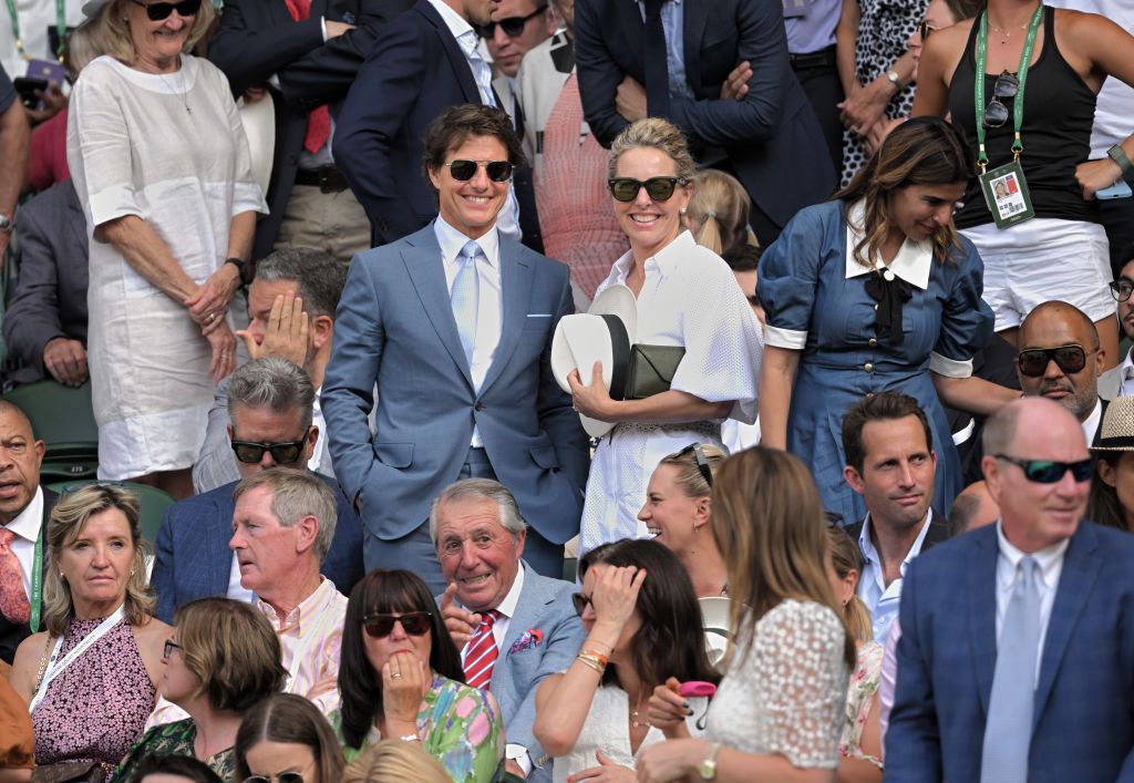 LONDON, ENGLAND - JULY 10: Tom Cruise and Heather McQuarrie attends day 14 of the Wimbledon Tennis Championships at All England Lawn Tennis and Croquet Club on July 10, 2022 in London, England. (Photo by Karwai Tang/WireImage)