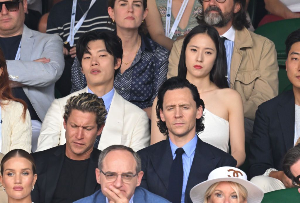 LONDON, ENGLAND - JULY 10: Ryu Jun Yeol, Krystal Soo Jung, Vito Schnabel, Tom Hiddleston attend day 14 of the Wimbledon Tennis Championships at All England Lawn Tennis and Croquet Club on July 10, 2022 in London, England. (Photo by Karwai Tang/WireImage)
