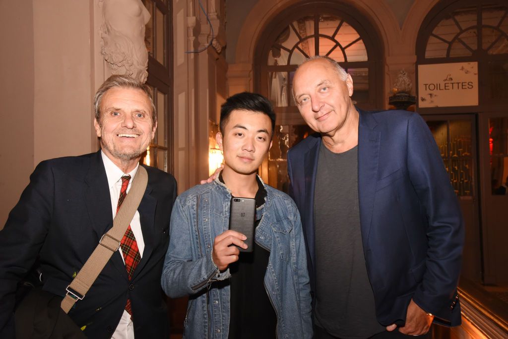 PARIS, FRANCE - SEPTEMBER 19: Jean Charles de Castelbajac, OnePlus co founder Carl Pei and Federation Francaise de La Couture President Pascal Morand attend 'Callection' By Jean Charles De Castelbajac and OnePlus at Trianon on September 19, 2017 in Paris, France. (Photo by Foc Kan/WireImage)