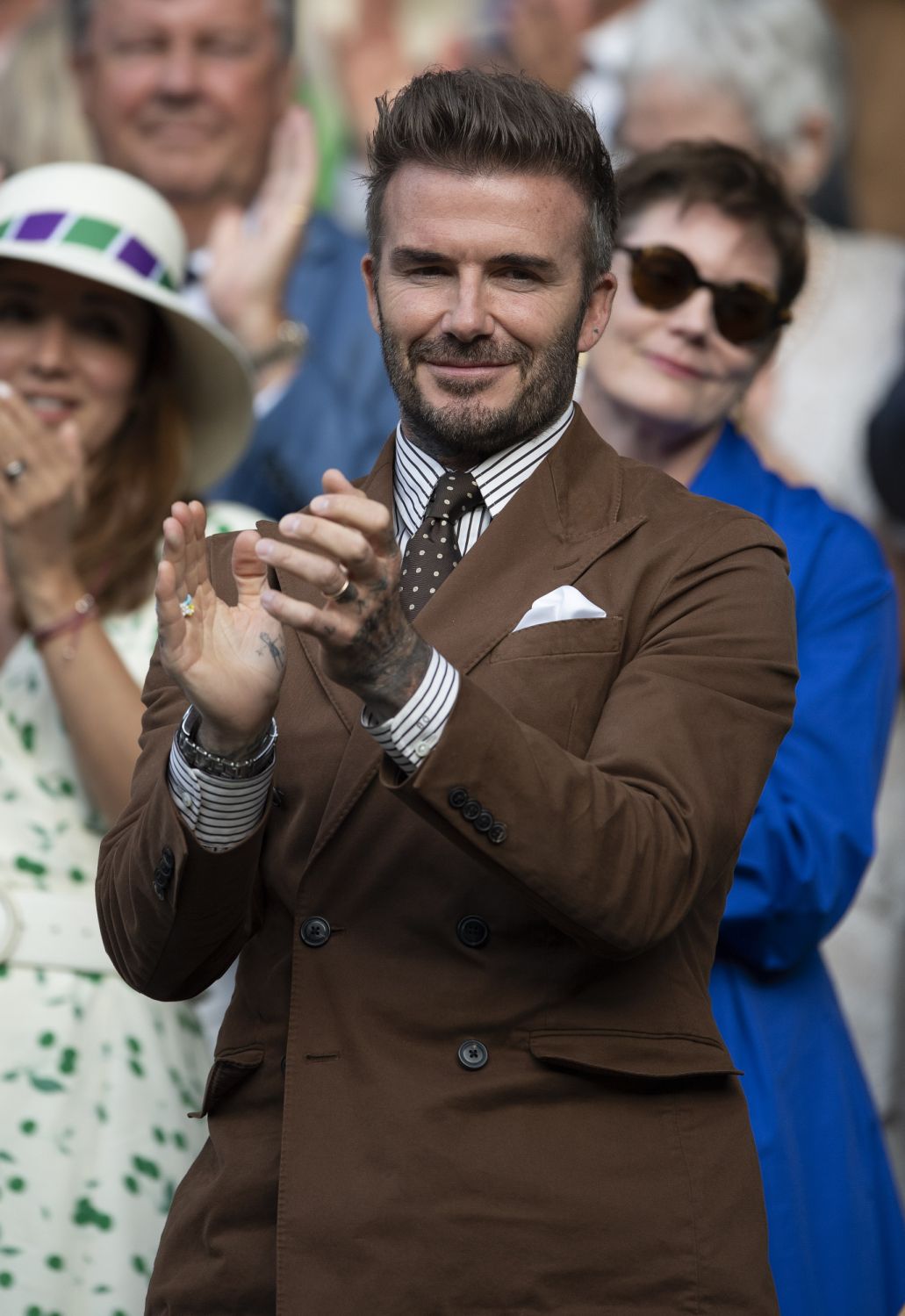 LONDON, ENGLAND - JULY 06: Former Manchester United and England fooballer David Beckham watching the action from the royal box on day ten of The Championships Wimbledon 2022 at All England Lawn Tennis and Croquet Club on July 06, 2022 in London, England. (Photo by Visionhaus/Getty Images)