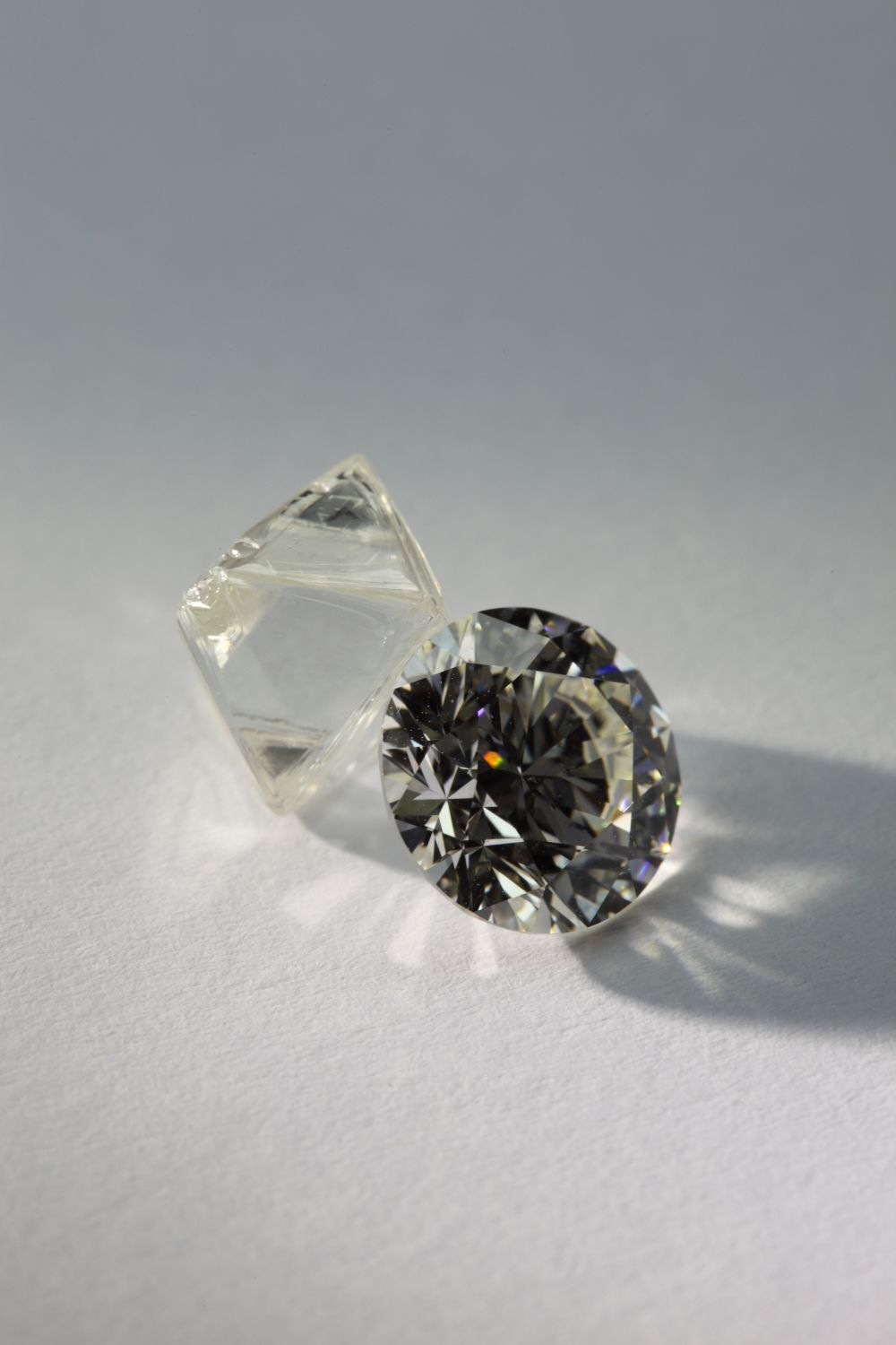 A closeup of a rough white diamond showcased in a Tiffany diamond workshop in Antwerp