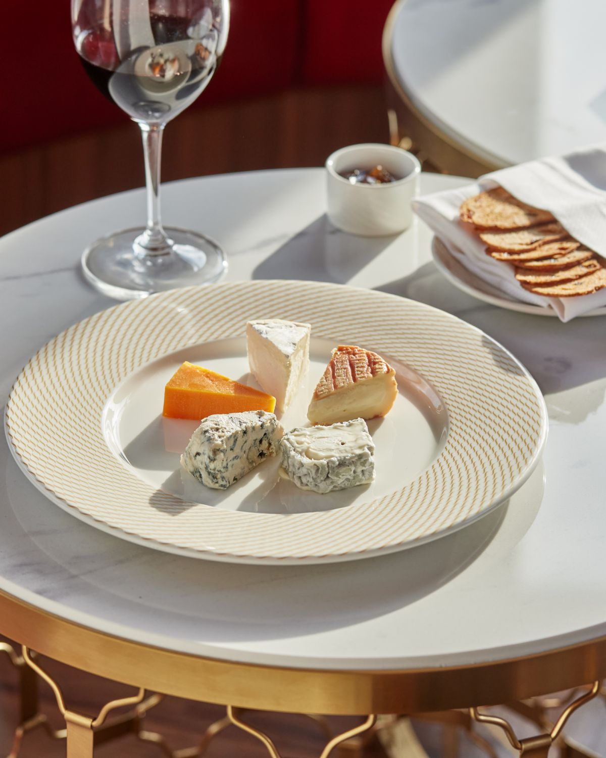 The selection of French cheese is an elegant way to end a meal with Bleu d'Auvergne, Cremeux de Bourgogne, Époisses, Mimolette, Sainte-Maure de Touraine, all served with a caramelised honey gel and walnut-apricot croutons.
