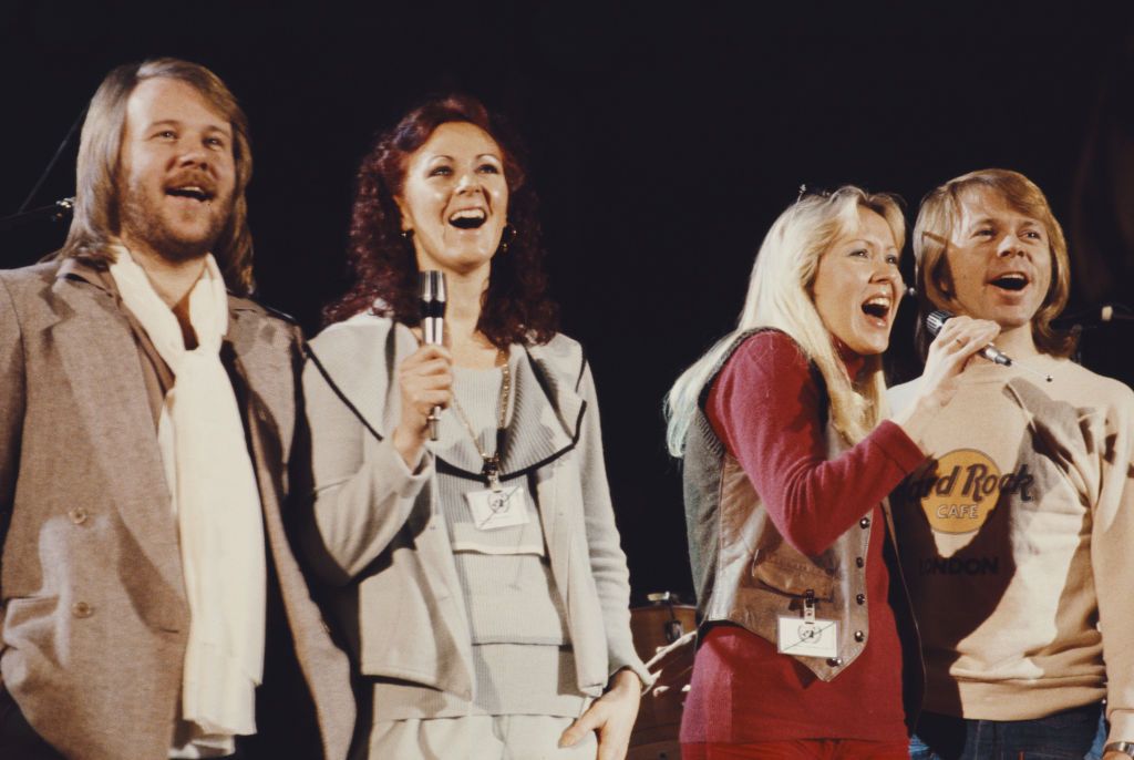 Swedish pop group Abba performing at 'The Music for UNICEF Concert: A Gift of Song' benefit concert held at the United Nations General Assembly in New York City, 9th January 1979. Left to right: Benny Andersson, Anni-Frid Lyngstad (Frida), Agnetha Fältskog and Björn Ulvaeus. (Photo by Michael Putland/Getty Images)