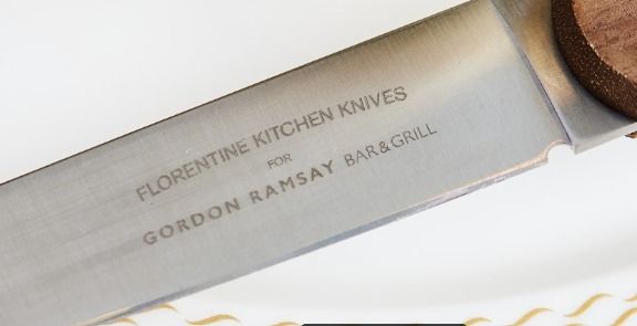 An up close look at the Florentine Kitchen steak knife used at the Gordon Ramsay Bar & Grill, customised just for the restaurant.