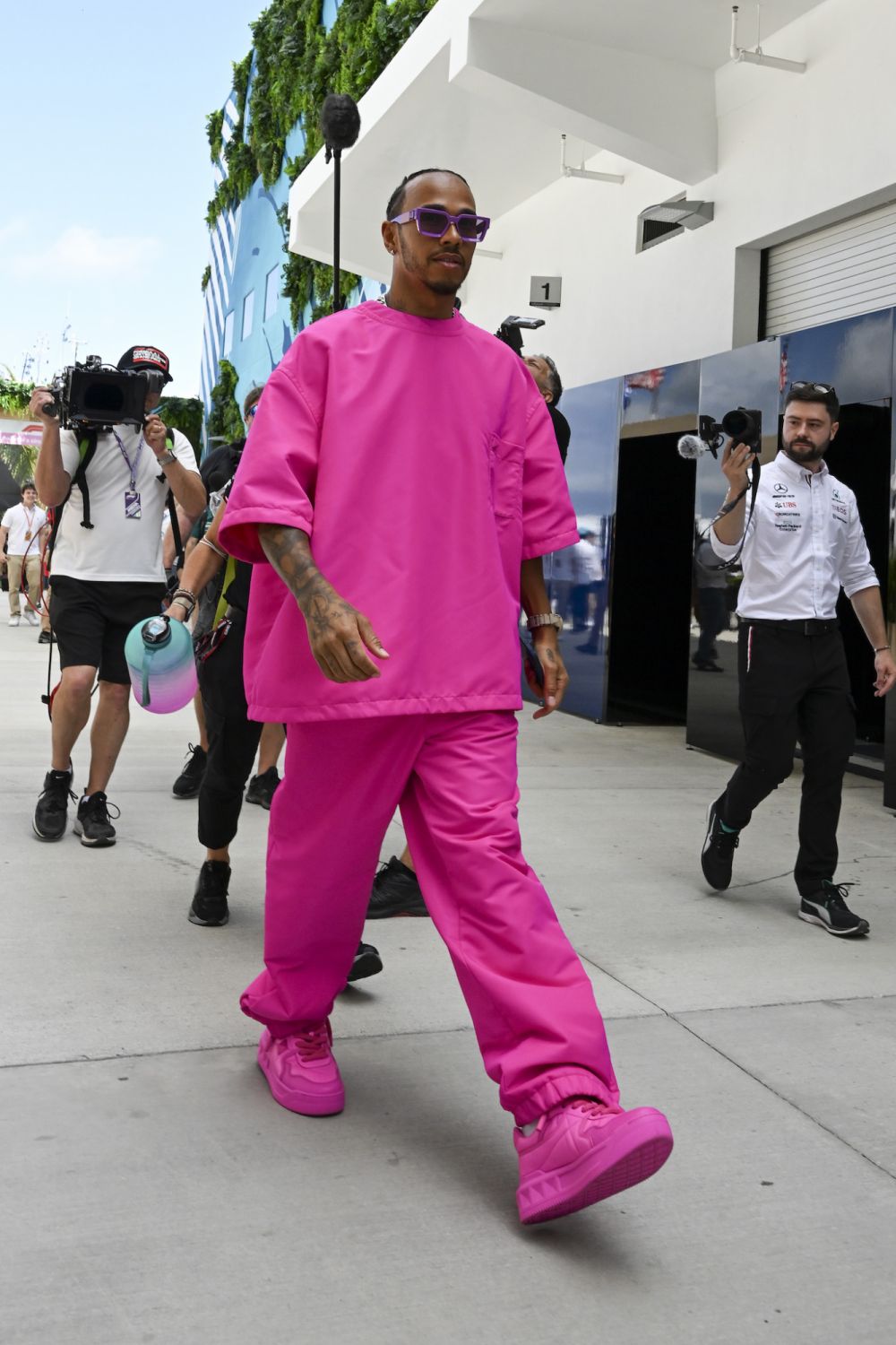 MIAMI GARDENS, FL - MAY 08: Mercedes-AMG Petronas driver Lewis Hamilton arrives in the paddock prior to the start of the Formula 1 CRYPTO.COM Miami Grand Prix on May 8, 2022 at Miami International Autodrome in Miami Gardens, FL. (Photo by Doug Murray/Icon Sportswire via Getty Images)