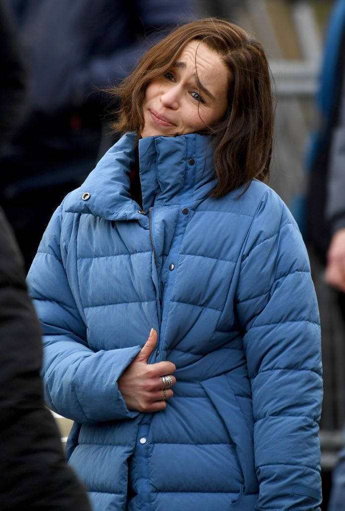 HALIFAX, ENGLAND - JANUARY 27: Emilia Clarke seen on set during filming of the Marvel Disney Plus series Secret Invasion at The Piece Hall on January 27, 2022 in Halifax, England. (Photo by Gerard Binks/Getty Images)