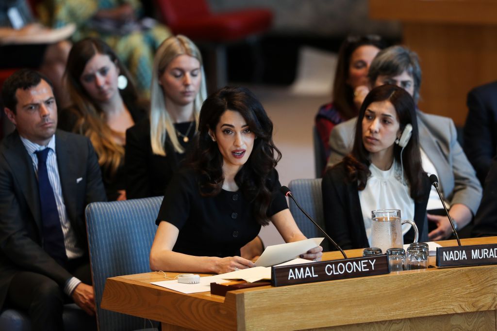 NEW YORK, USA - APRIL 23: Lebanese-British human-rights lawyer, Amal Clooney,  makes a speech during the United Nations Security Council meeting on sexual violence at United Nations Headquarters on April 23, 2019 in New York, United States. (Photo by Atilgan Ozdil/Anadolu Agency/Getty Images)