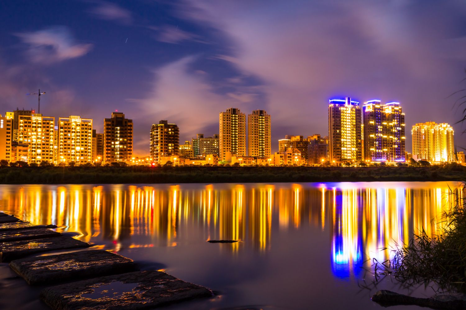 Hsinchu city skyline with river at night. Night scenes of Hsinchu city, Taiwan.