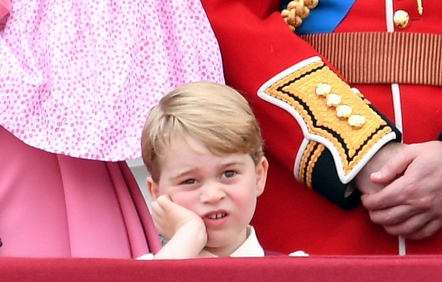 LONDON, ENGLAND - JUNE 17:  Prince George of Cambridge looks on from the balcony during the annual Trooping The Colour parade at the Mall on June 17, 2017 in London, England.  (Photo by Karwai Tang/WireImage)