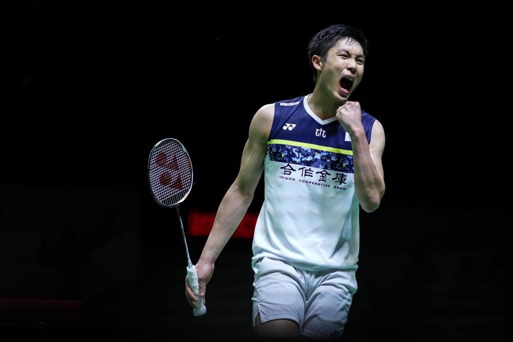 JAKARTA, INDONESIA - JUNE 11: Chou Tien Chen of Chinese Taipei reacts in the Men's Singles semi finals match against Loh Kean Yew of Singapore on day five of the Daihatsu Indonesia Masters at Istora Senayan on June 11, 2022 in Jakarta, Indonesia. (Photo by Shi Tang/Getty Images)