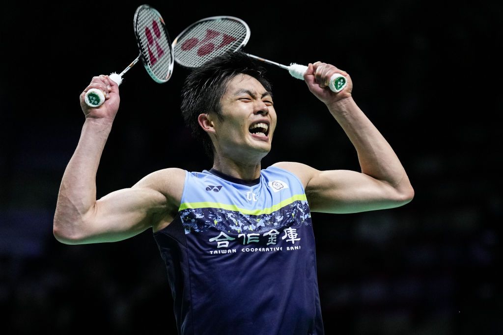 JAKARTA, INDONESIA - JUNE 15: Chou Tien Chen of Chinese Taipei celebrates the victory in the Men's Singles First Round match against Kunlavut Vitidsarn of Thailand on day two of the Indonesia Open at Istora Senayan on June 15, 2022 in Jakarta, Indonesia. (Photo by Shi Tang/Getty Images)