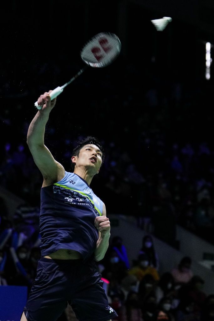 JAKARTA, INDONESIA - JUNE 15: Chou Tien Chen of Chinese Taipei competes in the Men's Singles First Round match against Kunlavut Vitidsarn of Thailand on day two of the Indonesia Open at Istora Senayan on June 15, 2022 in Jakarta, Indonesia. (Photo by Shi Tang/Getty Images)
