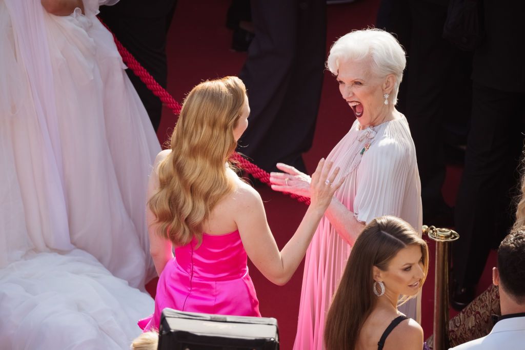 CANNES, FRANCE - MAY 25: (EDITORS NOTE : Image has been digitally retouched) Maye Musk and Natasha Bassett attend the screening of "Elvis" during the 75th annual Cannes film festival at Palais des Festivals on May 25, 2022 in Cannes, France. (Photo by Francois G. Durand/Getty Images)