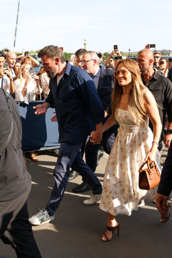 PARIS, FRANCE - JULY 23: Ben Affleck and Jennifer Lopez arrive at their hotel on July 23, 2022 in Paris, France. (Photo by Pierre Suu/GC Images)