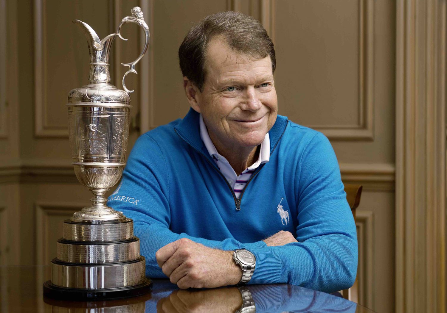 Tom Watson, golf player, speaks to journalists ahead of his final appearance at The Open in July 2015. He's wearing the Oyster Professional Cosmograph Daytona