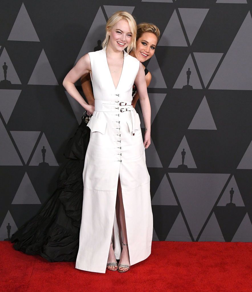 HOLLYWOOD, CA - NOVEMBER 11: Jennifer Lawrence;Emma Stone arrives at the Academy Of Motion Picture Arts And Sciences' 9th Annual Governors Awards at The Ray Dolby Ballroom at Hollywood & Highland Center on November 11, 2017 in Hollywood, California. (Photo by Steve Granitz/WireImage)