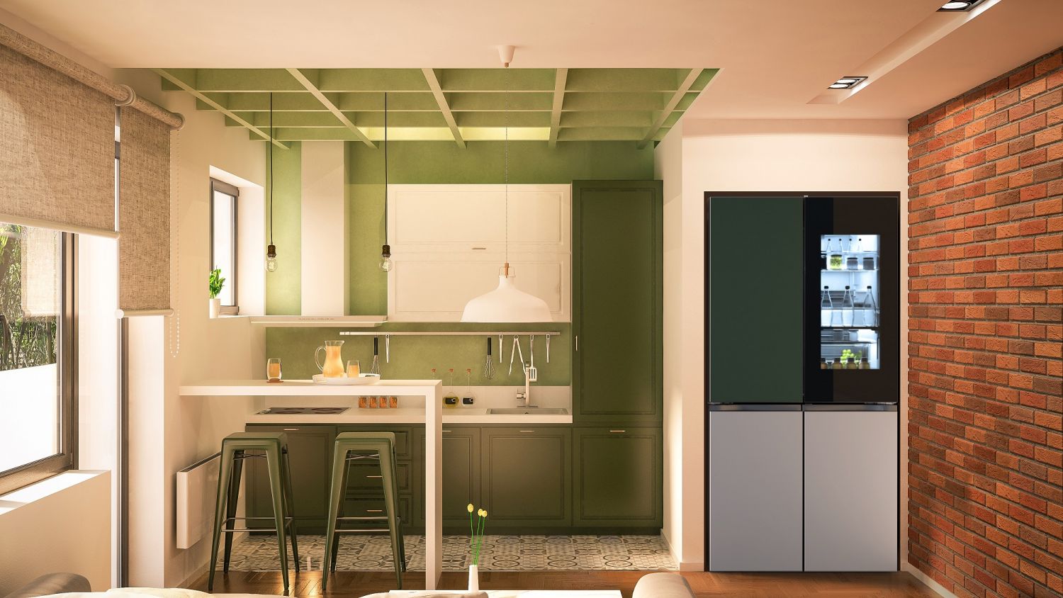 Computer generated image of kitchen and living room. Architectural Visualization. 3D rendering.
