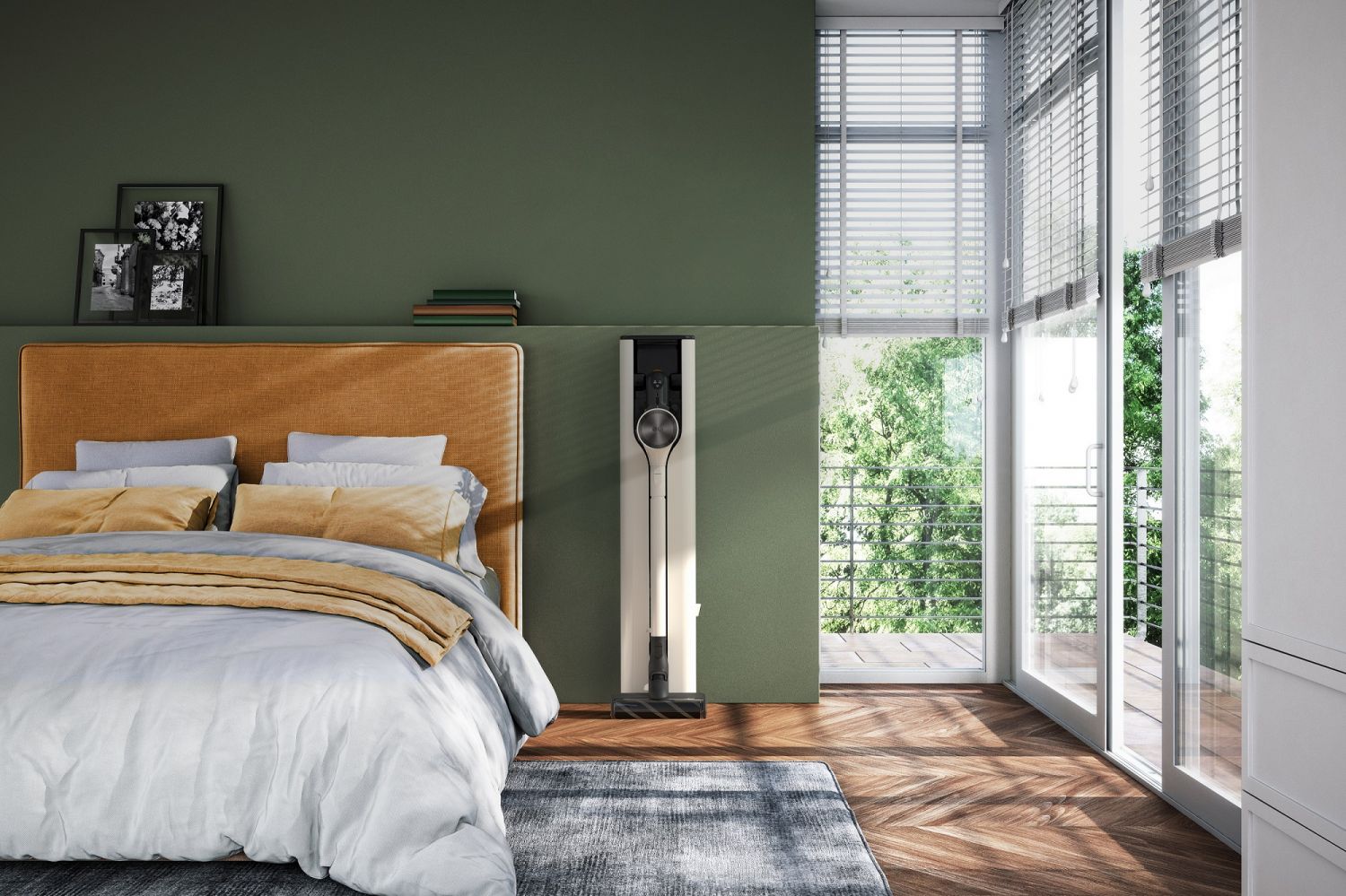 Modern interior of bedroom with green wall, 3d render
