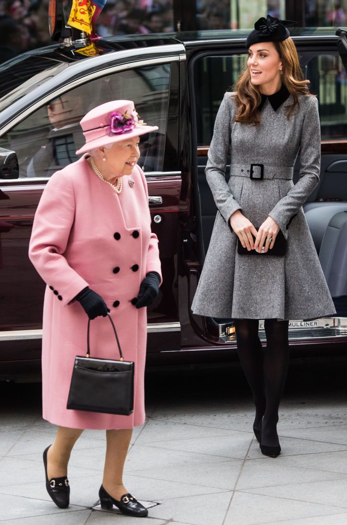 LONDON, ENGLAND - MARCH 19: Queen Elizabeth II and Catherine, Duchess of Cambridge visit King's College London on March 19, 2019 in London, England to officially open Bush House, the latest education and learning facilities on the Strand Campus. (Photo by Samir Hussein/WireImage)
