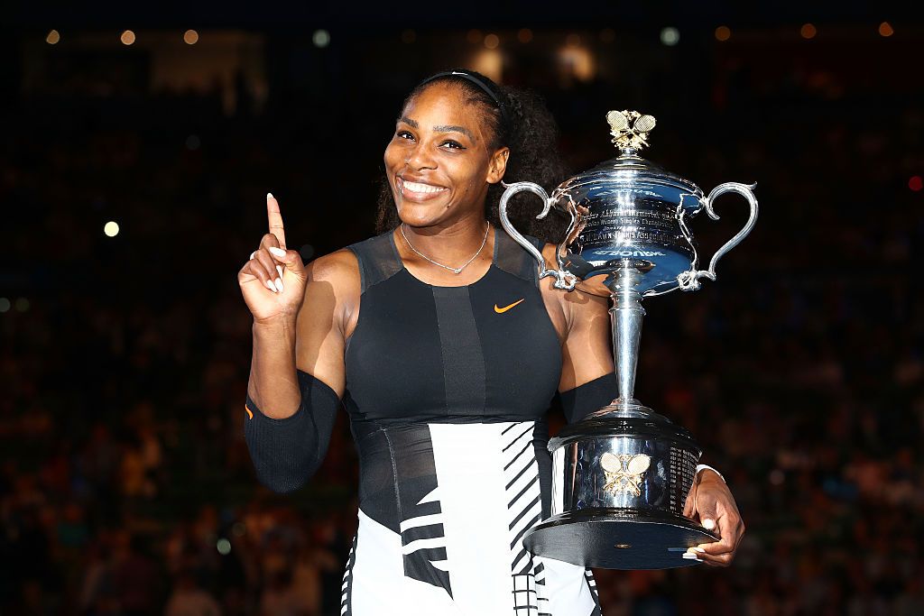 MELBOURNE, AUSTRALIA - JANUARY 28:  Serena Williams poses with the Daphne Akhurst Trophy after winning the Women's Singles Final against Venus Williams of the United States on day 13 of the 2017 Australian Open at Melbourne Park on January 28, 2017 in Melbourne, Australia.  (Photo by Clive Brunskill/Getty Images)