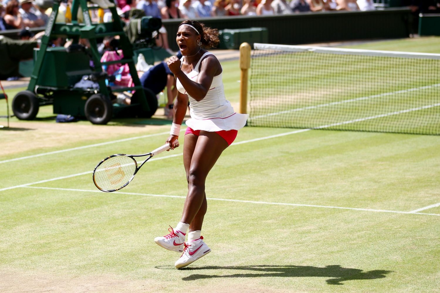 LONDON, ENGLAND - JULY 03: Serena Williams of USA celebrates Championship point after winning her Ladies Singles Final Match against Vera Zvonareva of Russia on Day Twelve of the Wimbledon Lawn Tennis Championships at the All England Lawn Tennis and Croquet Club on July 3, 2010 in London, England. (Photo by Julian Finney/Getty Images)