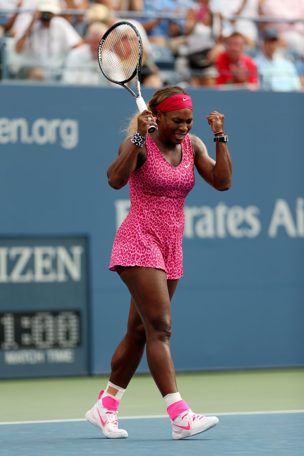 NEW YORK, NY - SEPTEMBER 05: Serena Williams of the United States celebrates after defeating Ekaterina Makarova of Russia during their women's singles semifinal match on Day Twelve of the 2014 US Open at the USTA Billie Jean King National Tennis Center on September 5, 2014 in the Flushing neighborhood of the Queens borough of New York City. Williams defeated Makarova in two sets 6-1, 6-3. (Photo by Matthew Stockman/Getty Images)