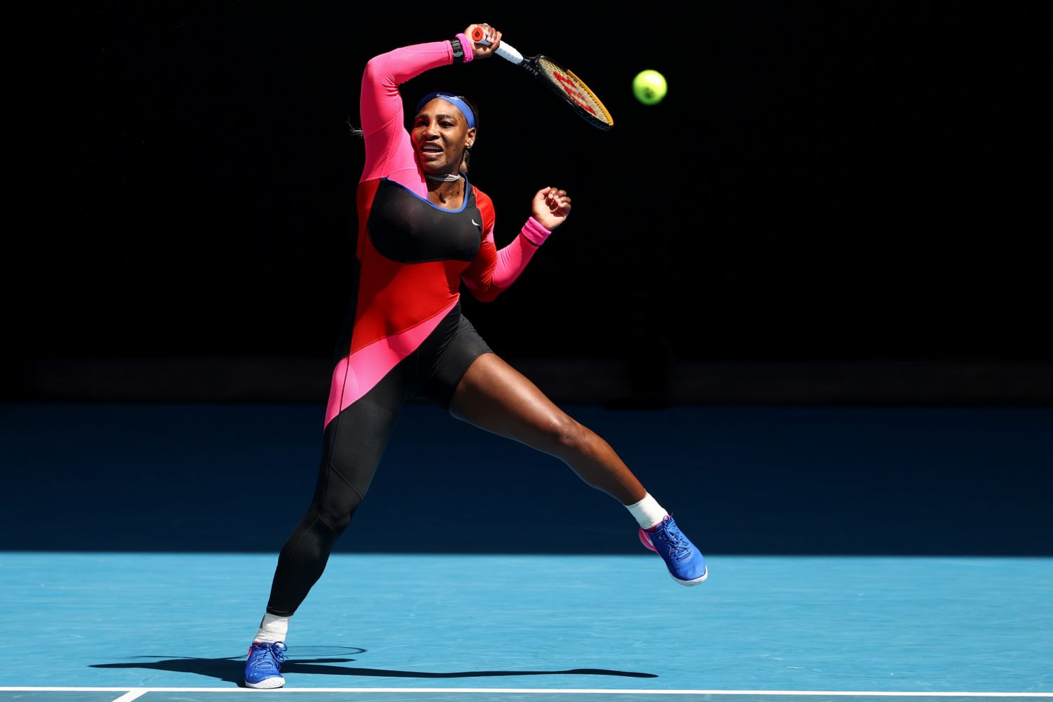 MELBOURNE, AUSTRALIA - FEBRUARY 14: Serena Williams of the United States plays a forehand in her Women's Singles fourth round match against Aryna Sabalenka of Belarus during day seven of the 2021 Australian Open at Melbourne Park on February 14, 2021 in Melbourne, Australia. (Photo by Cameron Spencer/Getty Images)