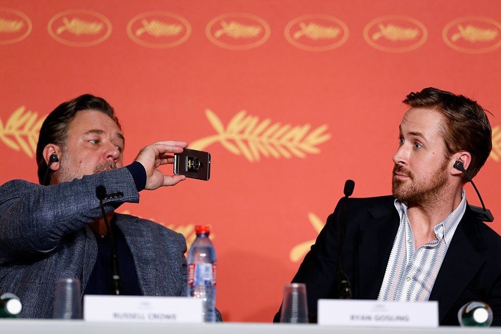 CANNES, FRANCE - MAY 15: Actors Russell Crowe and Ryan Gosling attend "The Nice Guys" Press Conference during the 69th annual Cannes Film Festival at the Palais des Festivals on May 15, 2016 in Cannes, France. (Photo by Pool/Getty Images)