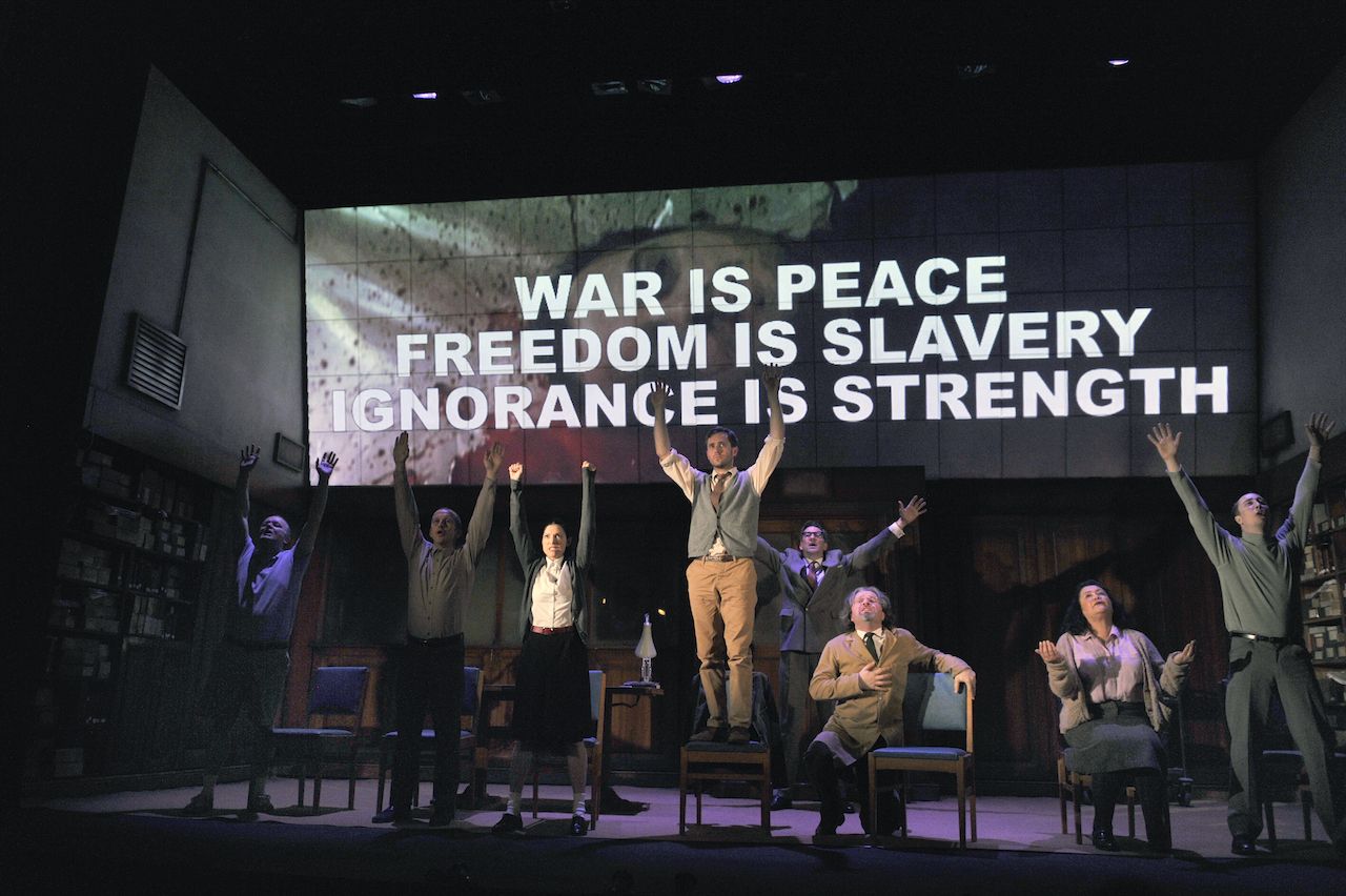 Artists of the company in Robert Icke and Duncan Macmillan's adaptation of George Orwell's 1884 directed by Robert Icke and Duncan Macmillan at the Playhouse Theatre in London.