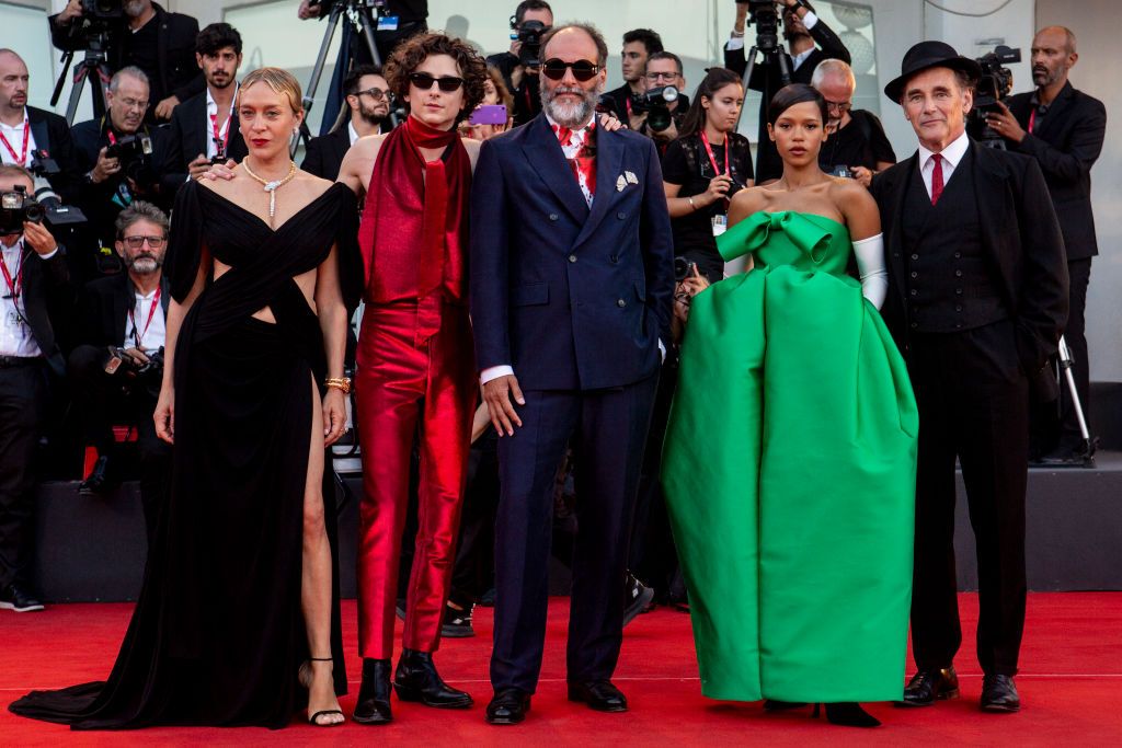 VENICE, ITALY - SEPTEMBER 02: Chloe Sevigny, Timothee Chalamet, Luca Guadagnino, Taylor Russell and Mark Rylance attend the "Bones And All" red carpet at the 79th Venice International Film Festival on September 02, 2022 in Venice, Italy. (Photo by Alessandra Benedetti - Corbis/Corbis via Getty Images)