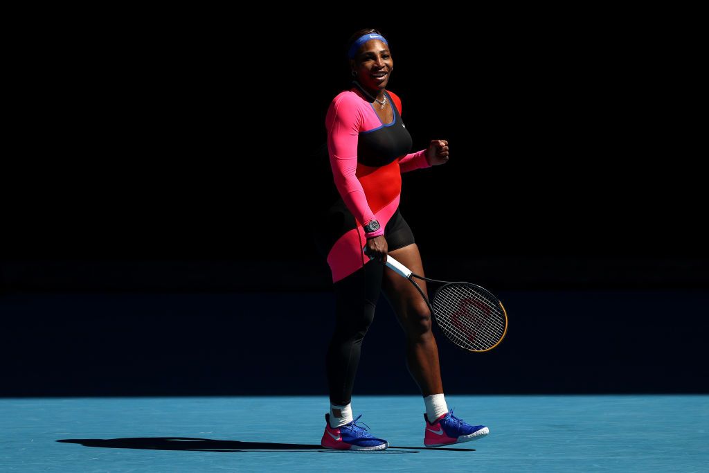 MELBOURNE, AUSTRALIA - FEBRUARY 14: Serena Williams of the United States celebrates after winning match point in her Women's Singles fourth round match against Aryna Sabalenka of Belarus during day seven of the 2021 Australian Open at Melbourne Park on February 14, 2021 in Melbourne, Australia. (Photo by Cameron Spencer/Getty Images)