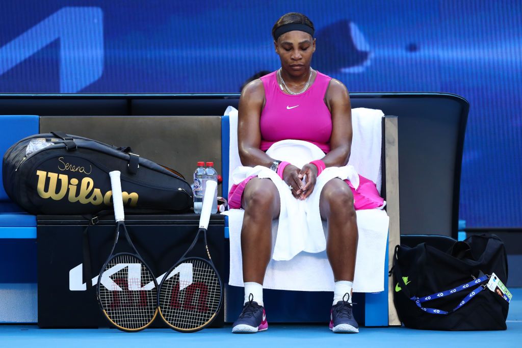 MELBOURNE, AUSTRALIA - FEBRUARY 03: Serena Williams of the United States is seen during the set break in her match against Tsvetana Pironkova of Bulgaria during day four of the WTA 500 Yarra Valley Classic at Melbourne Park on February 03, 2021 in Melbourne, Australia. (Photo by Mike Owen/Getty Images)