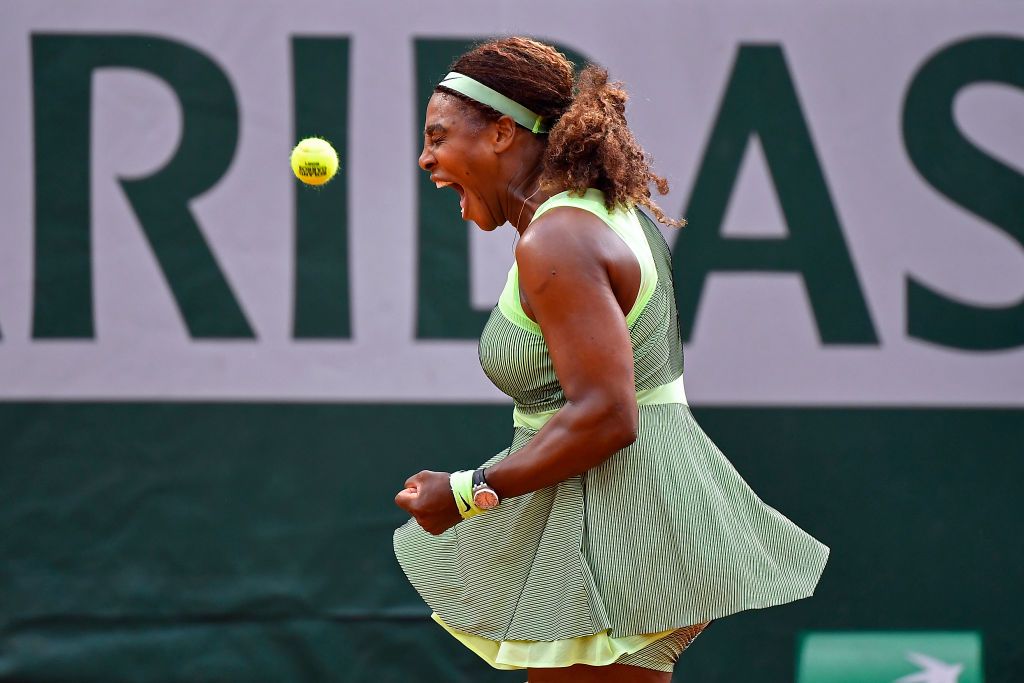 PARIS, FRANCE - JUNE 06: Serena Williams of USA reacts during her Women's Singles fourth round match against Elena Rybakina of Kazakhstan on day eight of the 2021 French Open at Roland Garros on June 06, 2021 in Paris, France. (Photo by Aurelien Meunier/Getty Images)