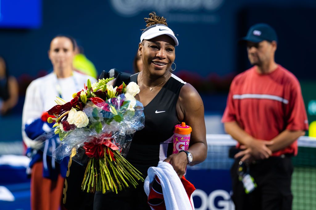 TORONTO, ONTARIO - AUGUST 10: Serena Williams of the United States during a post match ceremony commemorating her last ever match in Toronto on Day 5 of the National Bank Open, part of the Hologic WTA Tour, at Sobeys Stadium on August 10, 2022 in Toronto, Ontario (Photo by Robert Prange/Getty Images)