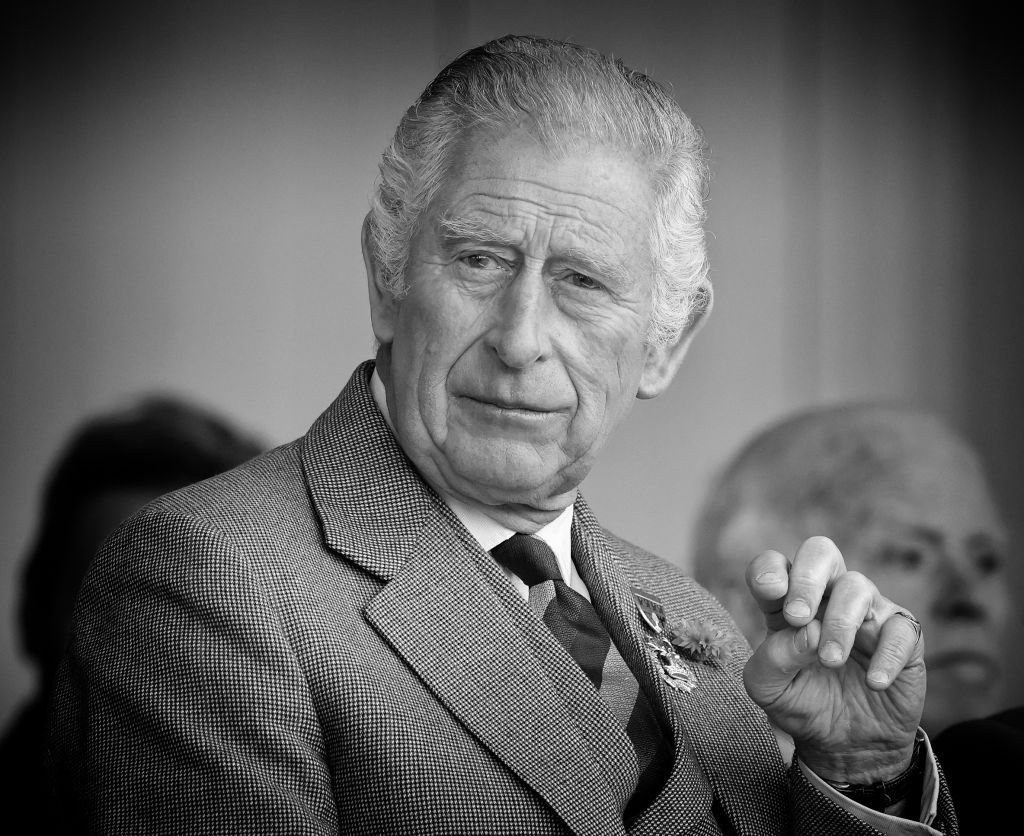 BRAEMAR, UNITED KINGDOM - SEPTEMBER 03: (EMBARGOED FOR PUBLICATION IN UK NEWSPAPERS UNTIL 24 HOURS AFTER CREATE DATE AND TIME) (EDITORS NOTE: This image has been converted to black and white) Prince Charles, Prince of Wales attends the Braemar Highland Gathering at The Princess Royal and Duke of Fife Memorial Park on September 3, 2022 in Braemar, Scotland. (Photo by Max Mumby/Indigo/Getty Images)
