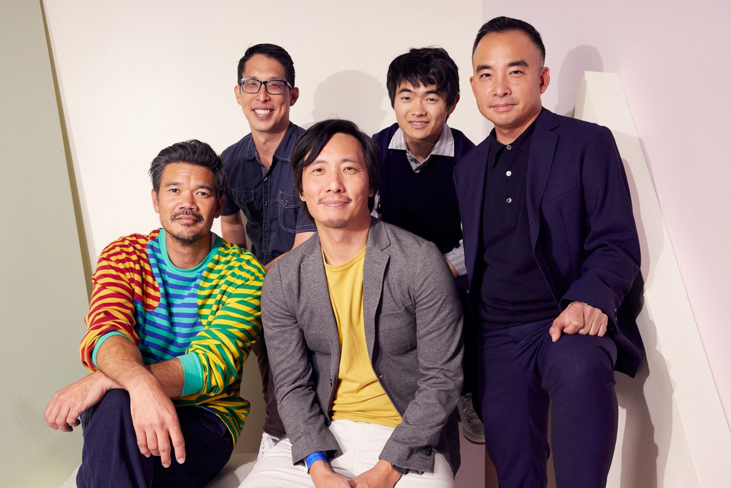 From left: Destin Daniel Cretton, Gene Luen Yang, Kelvin Yu, Ben Wang, and Melvin Mar pose at the IMDb Official Portrait Studio during D23 2022 at Anaheim Convention Center on September 10, 2022 in Anaheim, California. (Photo by Corey Nickols/Getty Images for IMDb)