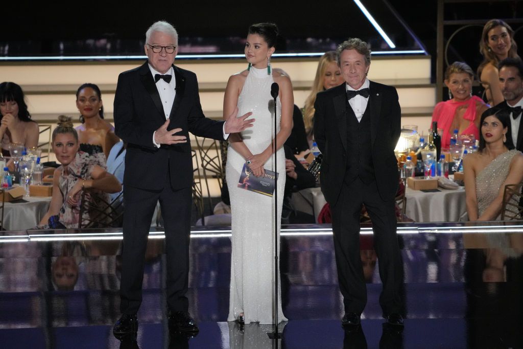 LOS ANGELES, CALIFORNIA - SEPTEMBER 12: (L-R) Steve Martin, Selena Gomez, and Martin Short speak onstage during the 74th Primetime Emmys at Microsoft Theater on September 12, 2022 in Los Angeles, California. (Photo by Kevin Mazur/WireImage)