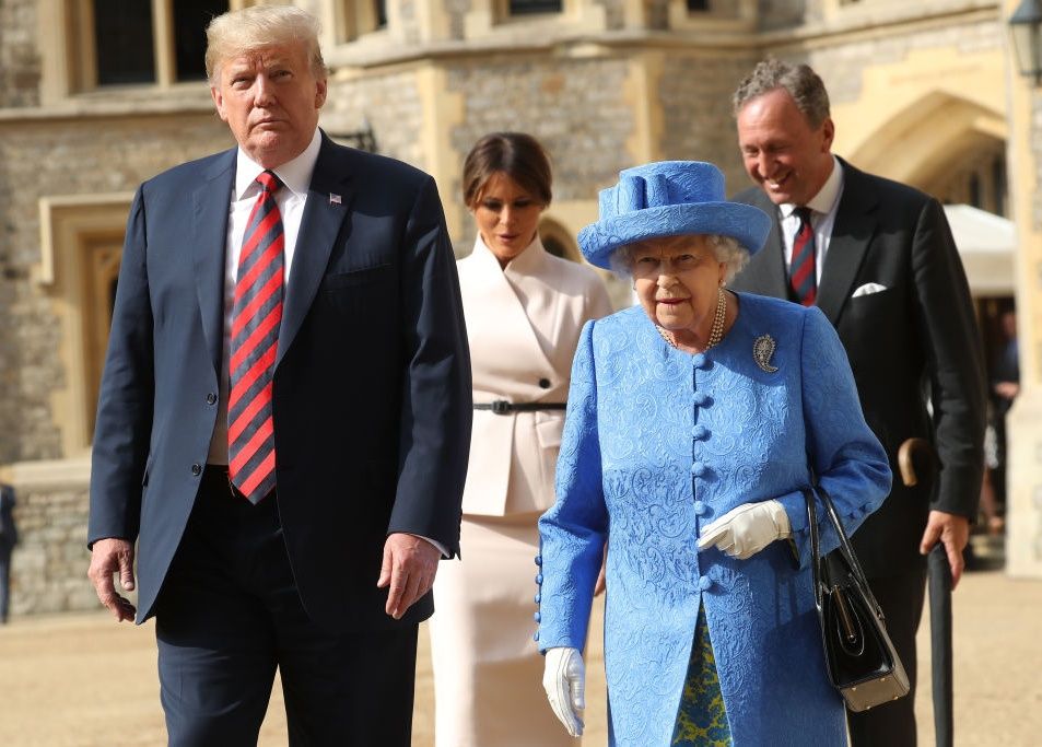 <enter caption here> at Windsor Castle on July 13, 2018 in Windsor, England.  Her Majesty welcomed the President and Mrs Trump at the dais in the Quadrangle of the Castle. A Guard of Honour, formed of the Coldstream Guards, gave a Royal Salute and the US National Anthem was played. The Queen and the President inspected the Guard of Honour before watching the military march past. The President and First Lady then joined Her Majesty for tea at the Castle.