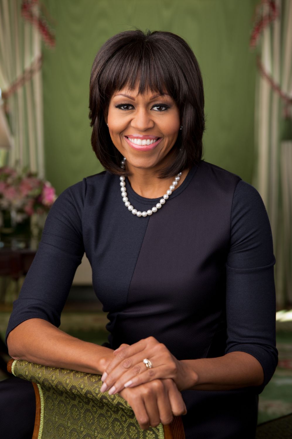 Official portrait of First Lady Michelle Obama in the Green Room of the White House, Feb. 12, 2013. (Official White House Photo by Chuck Kennedy)This official White House photograph is being made available only for publication by news organizations and/or for personal use printing by the subject(s) of the photograph. The photograph may not be manipulated in any way and may not be used in commercial or political materials, advertisements, emails, products, promotions that in any way suggests approval or en