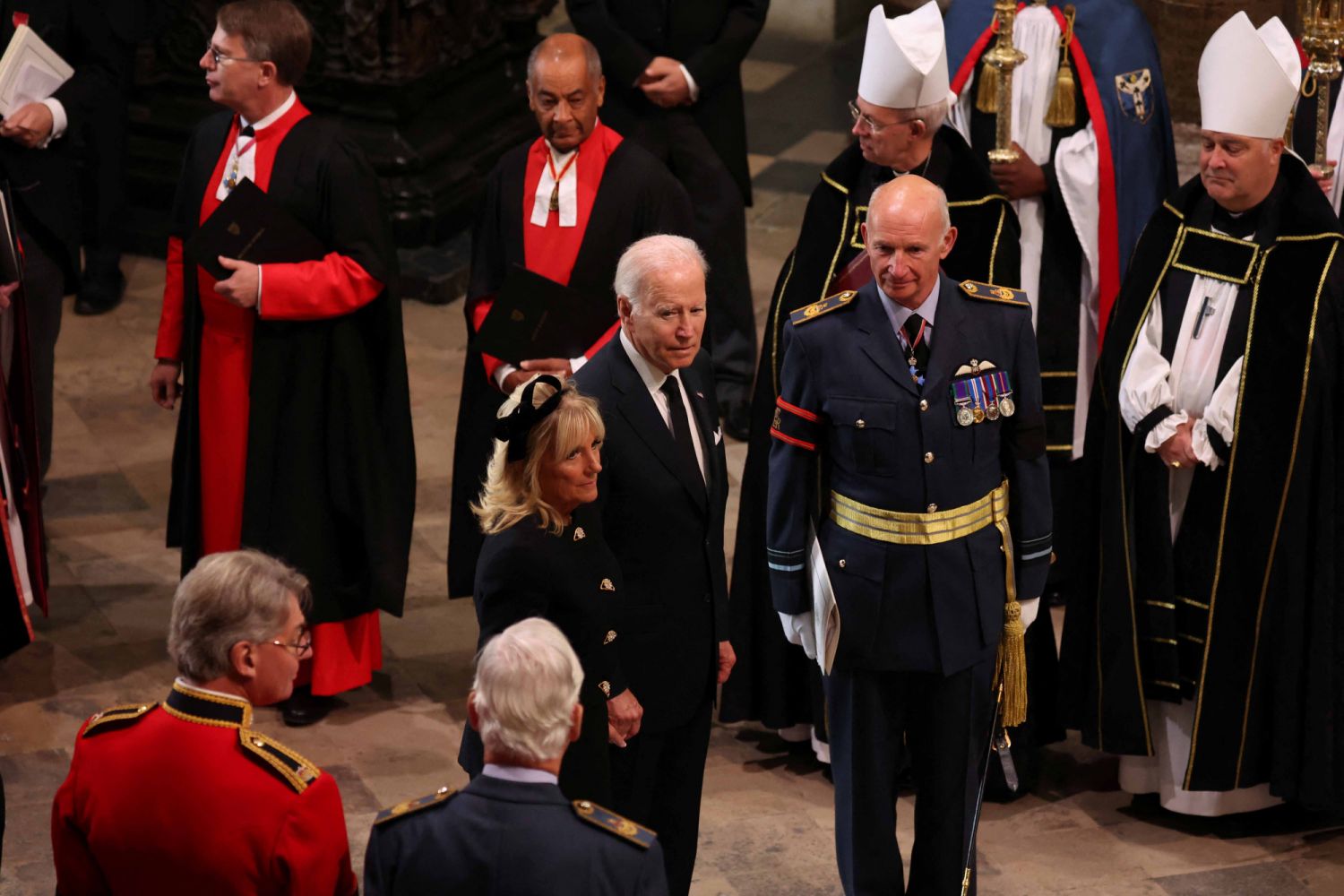 LONDON, ENGLAND - SEPTEMBER 19: U.S. President Joe Biden and first lady Jill Biden arrive ahead of the State Funeral of Queen Elizabeth II at Westminster Abbey on September 19, 2022 in London, England. Elizabeth Alexandra Mary Windsor was born in Bruton Street, Mayfair, London on 21 April 1926. She married Prince Philip in 1947 and ascended the throne of the United Kingdom and Commonwealth on 6 February 1952 after the death of her Father, King George VI. Queen Elizabeth II died at Balmoral Castle in Scotlan