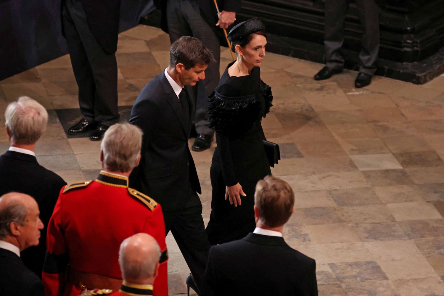 LONDON, ENGLAND - SEPTEMBER 19: New Zealand's Prime Minister Jacinda Ardern and Clarke Gayford arrive for the State Funeral of Queen Elizabeth II at Westminster Abbey on September 19, 2022 in London, England. Elizabeth Alexandra Mary Windsor was born in Bruton Street, Mayfair, London on 21 April 1926. She married Prince Philip in 1947 and ascended the throne of the United Kingdom and Commonwealth on 6 February 1952 after the death of her Father, King George VI. Queen Elizabeth II died at Balmoral Castle in