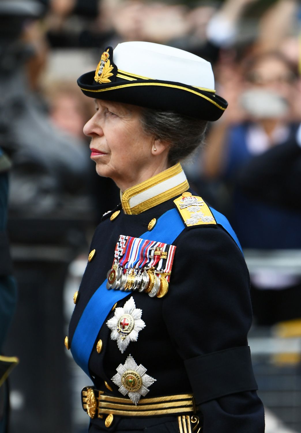 Anne, Princess Royal follows behind The Queen's funeral cortege borne on the State Gun Carriage of the Royal Navy on September 19 (Photo: Photo by Joe Maher/Getty Images))