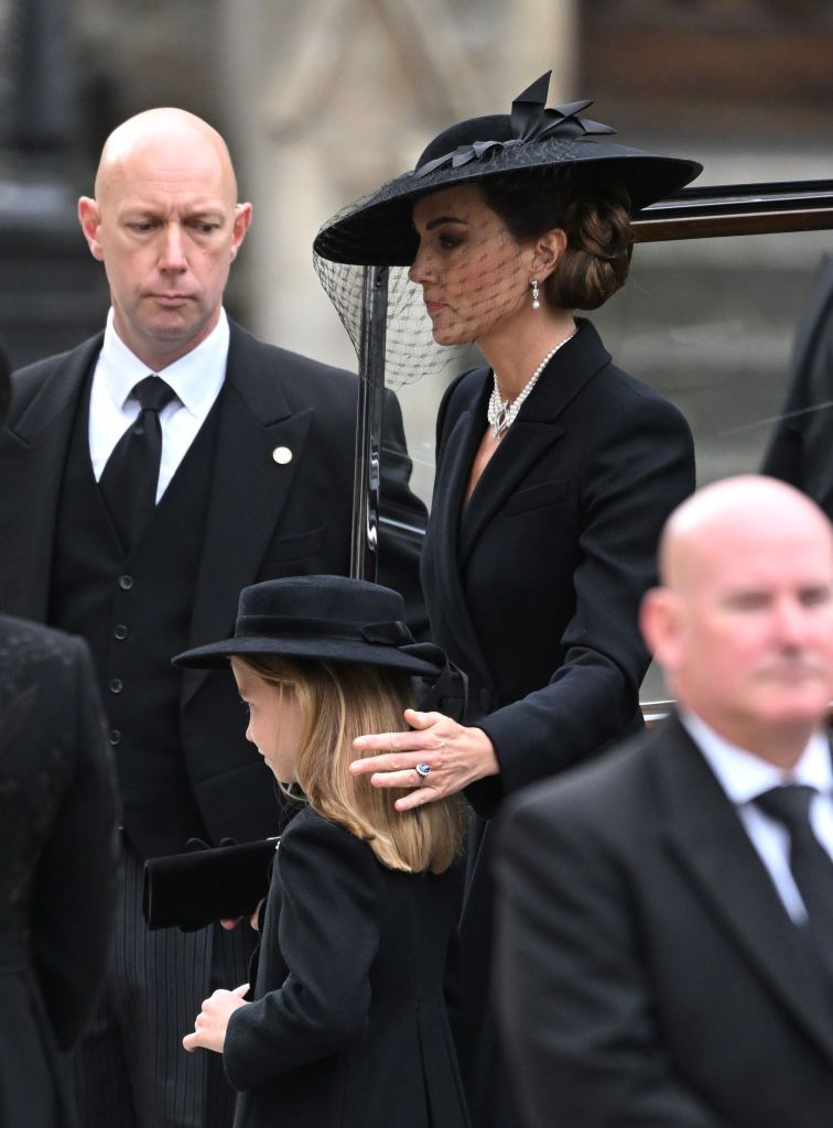 LONDON, ENGLAND - SEPTEMBER 19: Catherine, Princess of Wales and Princess Charlotte of Wales arrive for the State Funeral of Queen Elizabeth II at Westminster Abbey on September 19, 2022 in London, England. Elizabeth Alexandra Mary Windsor was born in Bruton Street, Mayfair, London on 21 April 1926. She married Prince Philip in 1947 and ascended the throne of the United Kingdom and Commonwealth on 6 February 1952 after the death of her Father, King George VI. Queen Elizabeth II died at Balmoral Castle in