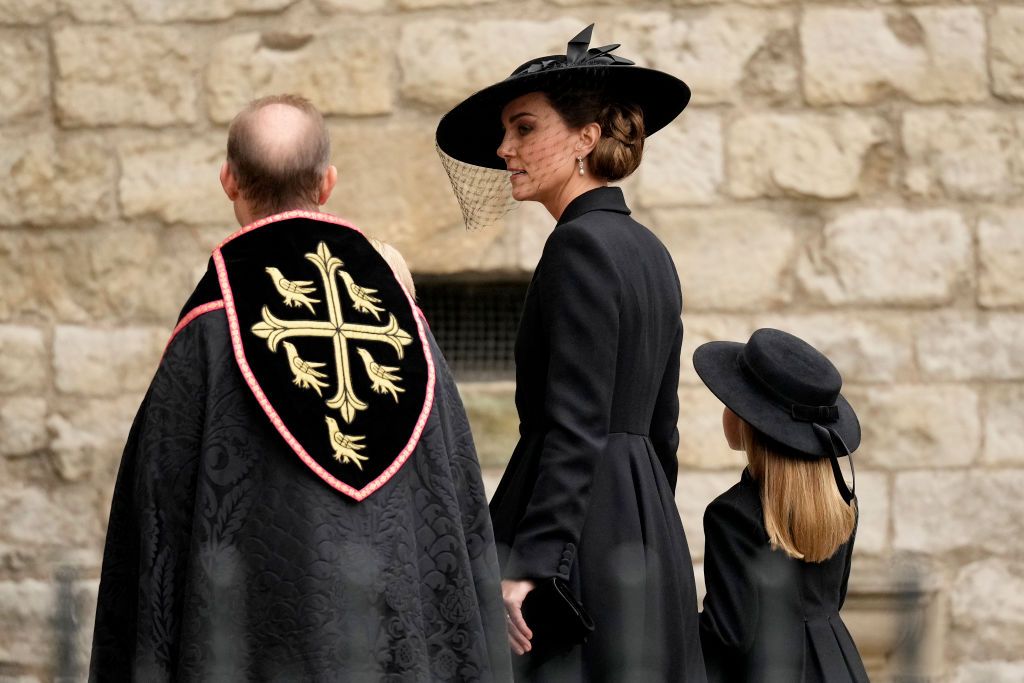 LONDON, ENGLAND - SEPTEMBER 19: Catherine, Princess of Wales and Princess Charlotte of Wales arrive at Westminster Abbey for The State Funeral of Queen Elizabeth II on September 19, 2022 in London, England. Elizabeth Alexandra Mary Windsor was born in Bruton Street, Mayfair, London on 21 April 1926. She married Prince Philip in 1947 and ascended the throne of the United Kingdom and Commonwealth on 6 February 1952 after the death of her Father, King George VI. Queen Elizabeth II died at Balmoral Castle in Sc