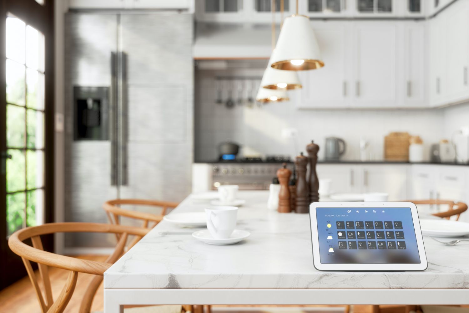 Smart Remote Home Control System With App Icons On A Digital Tablet Screen And White Blurred Kitchen Background.