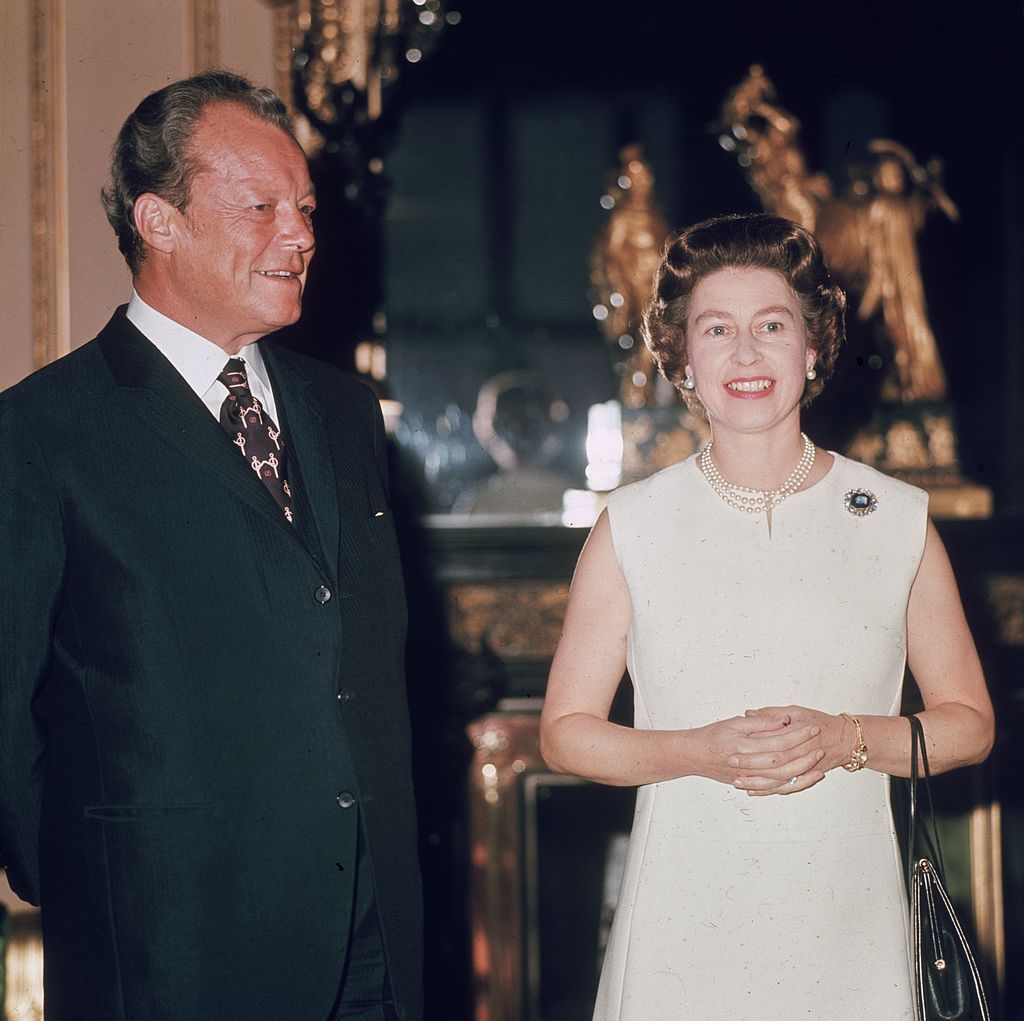 20th April 1972: German Chancellor, Willy Brandt (Karl Herbert Frahm) (1913 - 1992) with Queen Elizabeth II at Windsor Castle. German born, as a fervent anti-Nazi he fled to Norway and took Norwegian citizenship in the mid-thirties. (Photo by Mike Lawn/Fox Photos/Getty Images)