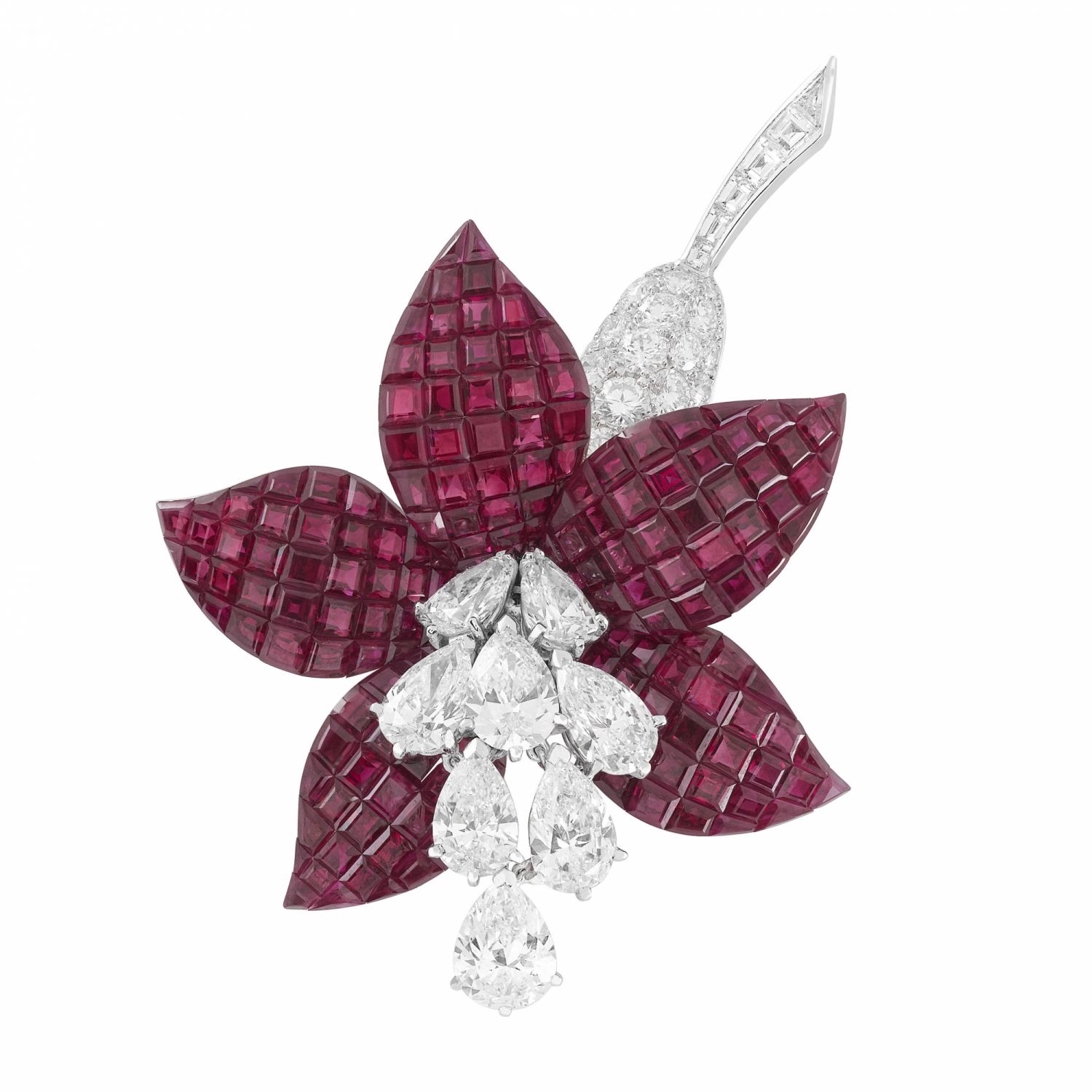 Fuschia clip. Platinum, rose gold, white gold, Traditional Mystery Set rubies, diamonds.