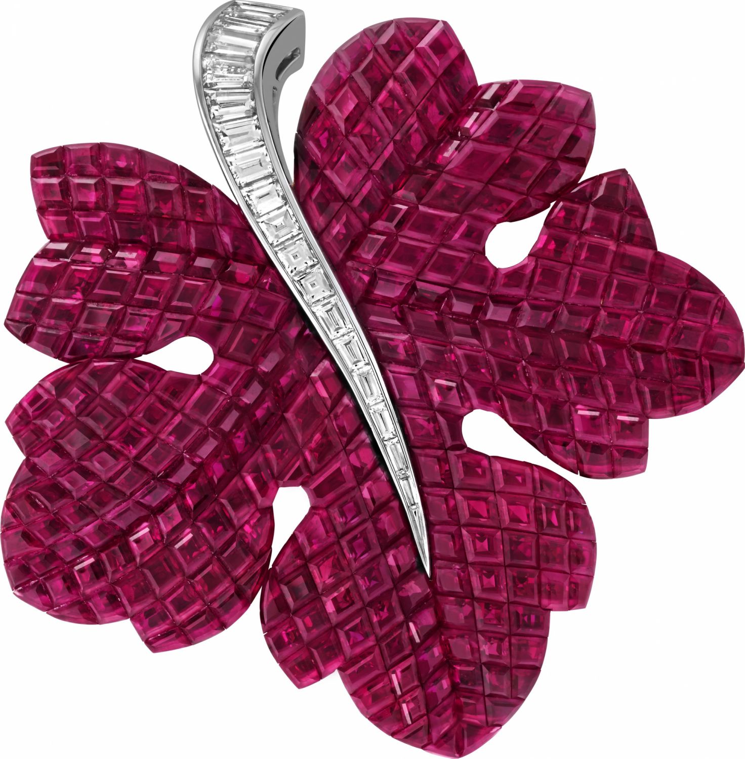 Feuille de Vigne clip. Platinum, rose gold, Traditional Mystery Set rubies, diamonds.
